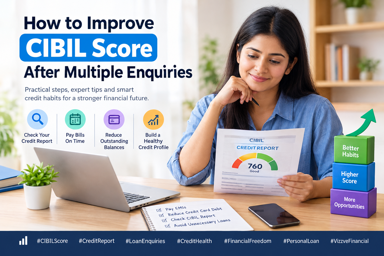 Indian woman reviewing her CIBIL credit report while learning how to improve her credit score after multiple loan enquiries through timely payments, reduced credit card balances, and responsible financial habits.